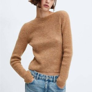 Mango Womens L Crew Neck Tan Ribbed Long Sleeve Sweater